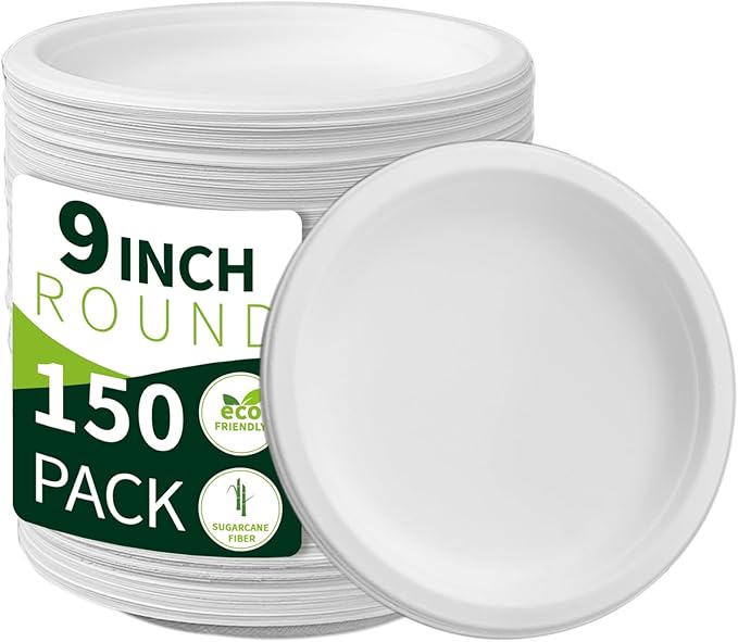 150 Pieces 100% Compostable Paper Plates (White 9"") Heavy Duty Disposable Plates Eco Plates Made of Sugarcane Fiber Biodegradable Plates for Everyday Dinner, Party, Barbecue, XS-YP09
