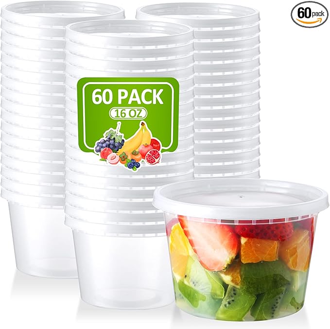 16 Oz Deli-Containers-with-Lids - 60 Set Plastic Food-Storage-Containers-with-Lids, Microwaveable & Freezer Safe To-Go-Containers, Leak-proof Soup Overnight Oats Meal-Prep-Containers