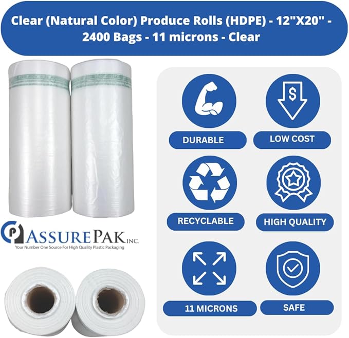 Clear (Natural Color) Produce Rolls (HDPE) - 12"X20" - 2400 Bags - 11 microns - Clear - CWPROD122024WF - AssurePak
