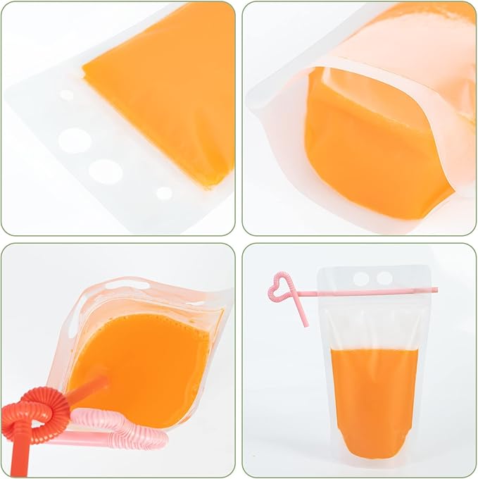 100 PCS Reusable Juice Pouches for Adults, Heavy Duty Plastic Smoothie Bags With 100 Straws Funnel for Cold Hot Drinks