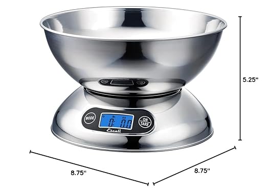 Escali Rondo Contemporary Kitchen Bowl Scale 2-Quart, Dishwasher Safe Bowl, Measures Liquids and Dray Ingredients, LCD Digital Display, 11lb Capacity, Stainless Steel