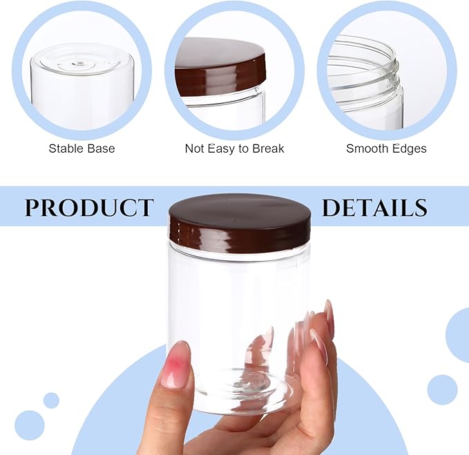 Aoriher 48 Pcs 8oz Plastic Mason Jars with Lids Round Clear Plastic Jars Containers Refillable Small Empty Storage Containers Food Canisters for Kitchen Storage(Brown)