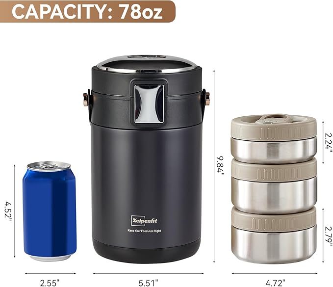 78 oz Thermos for Hot Food,3-Layer Sealed Stackable Food Thermos,with Lunch Bag Soup Thermos,It Is Suitable for Daily Office Meals,and Outdoor Meals (Black)