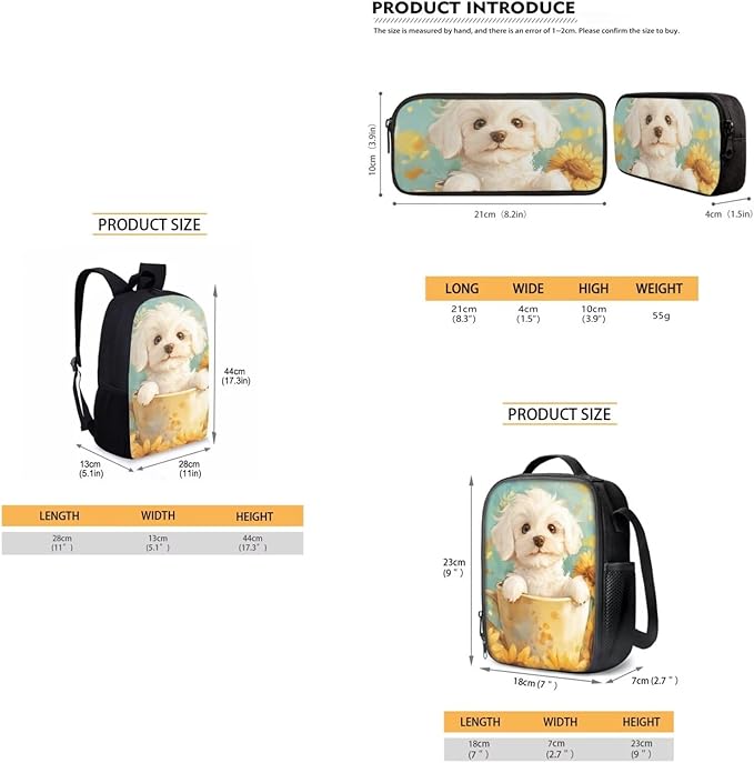 Dolyues Sunflower Cup Dog Girls Backpack Bundle: 17 Inch Children’s Backpack, Double Compartment Lunch Bag & Shimmer Pencil Case - Washable & Scratch-Resistant