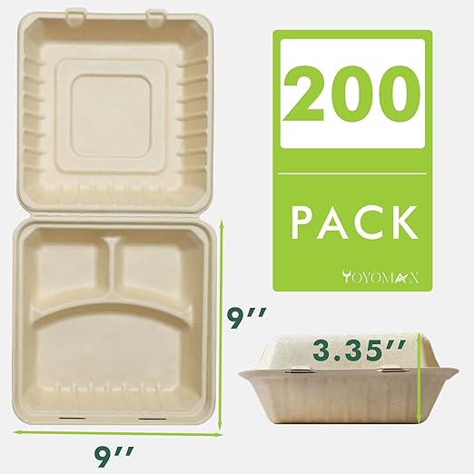 yoyomax [9x9-200Pack 100% Compostable To Go Food Containers with Lids, 3-Compartment Take Out Clamshell Container, Bio Disposable | Eco Friendly | Heavy-Duty Boxes, Made of Sugarcane Fibers