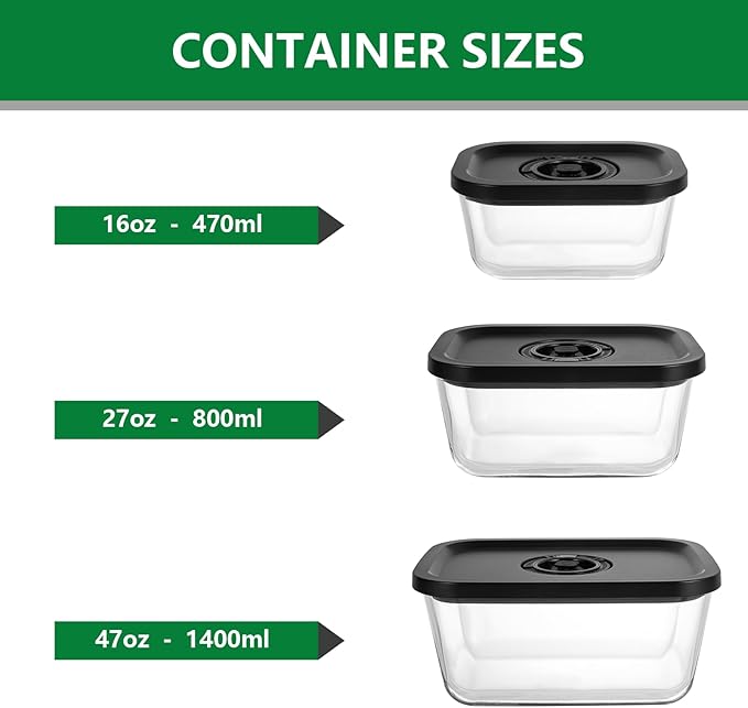 Premium 3‑Piece Borosilicate Glass Vacuum Food Storage Set – 3 Sizes (Small, Medium & Large), Hand Vacuum Pump & 10 Reusable Bags – Leakproof, Oven/Microwave/Freezer Safe, BPA‑Free