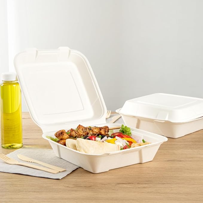 Restaurantware Pulp Safe No PFAS Added 32 Ounce Clamshell Boxes 100 Disposable Containers - Home Compostable Microwavable And Freezable White Bagasse Containers Built-In Hinged Lid And Tab Lock