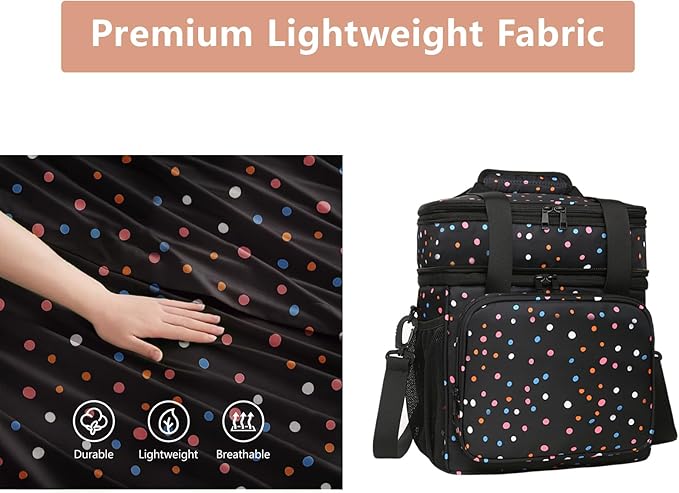 GLENKEY Expandable Insulated Lunch Box, Double Deck Lightweight Large Lunch Bag Tote Leakproof Cooler Bags for Women Adults Work Outdoor Picnic Daytrip, Polka Dots, 16L