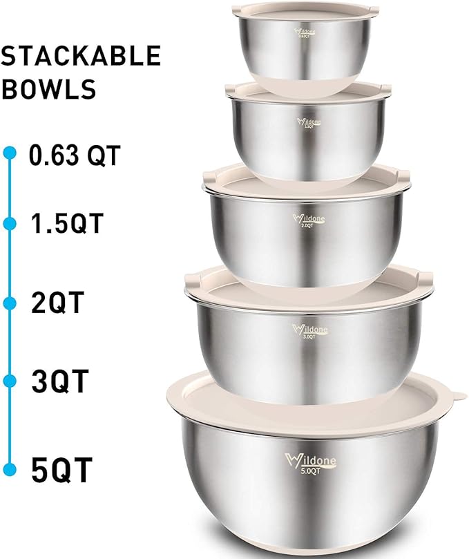 Wildone Mixing Bowls with Lids Set, 5PCS Stainless Steel Khaki Nesting Bowls with 3 Grater Attachments, Measurement Marks & Non-Slip Bottoms, Size 5, 3, 2, 1.5, 0.63 QT, Great for Mixing & Serving