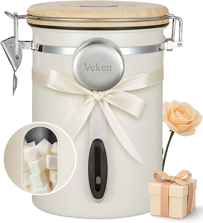 Veken Coffee Canister with Window, Coffee Lover Gift Set,Airtight Stainless Steel Kitchen Food Storage Container Gifts, Date Tracker & Scoop for Grounds Coffee,Beans,Tea,Flour,Cereal,Sugar,22OZ,Cream
