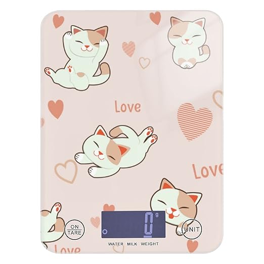 Food Scale Kitchen Digital Scale Food Ounces and Grams Dieting Baking Cooking Waterproof Glass Panels LCD Display,4 Units Scale Tare Function Kawaii Cat