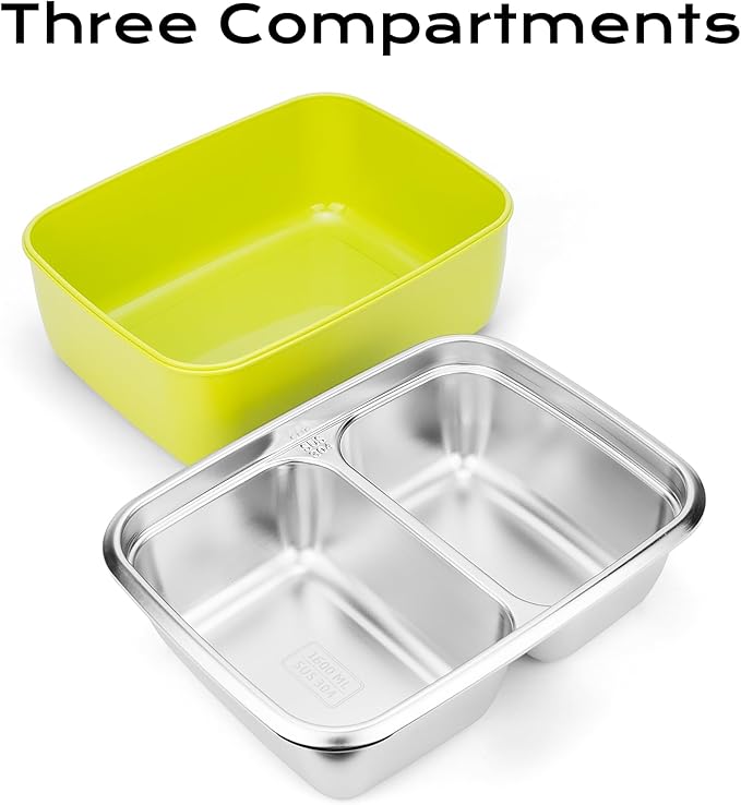 1600ml Stainless Steel Bento Box Lunch Container with 2 Compartments and Removable Plastic Shell, Portable Metal Food Container with Fork and Spoon Set, Leakproof Meal Prep Container for Adults