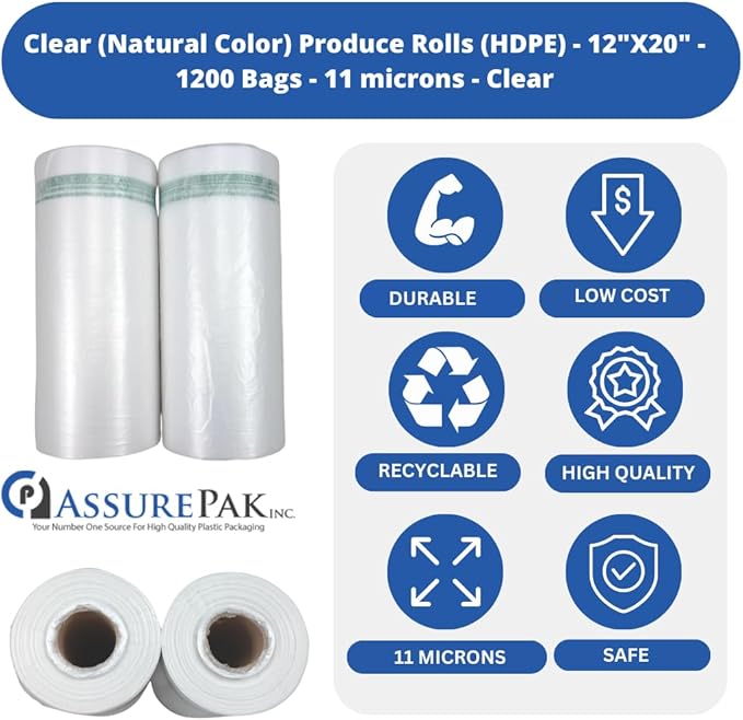 Clear Produce Roll 12"x20" – 1200 HDPE Bags (11 Microns, Natural Color) for Food Storage, Grocery Use, Small Business, Reusable Produce, Kitchen Needs, Fresh Food, Storage Solution