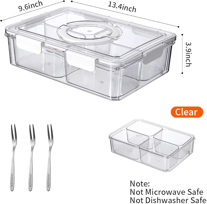 JOSUCLEN Salad Bar Containers for Fridge, Extra Large Divided Serving Tray with Lid Clear, Charcuterie Snack Box Container Portable, Veggie Tray, Travel Charcuterie Board with Lid