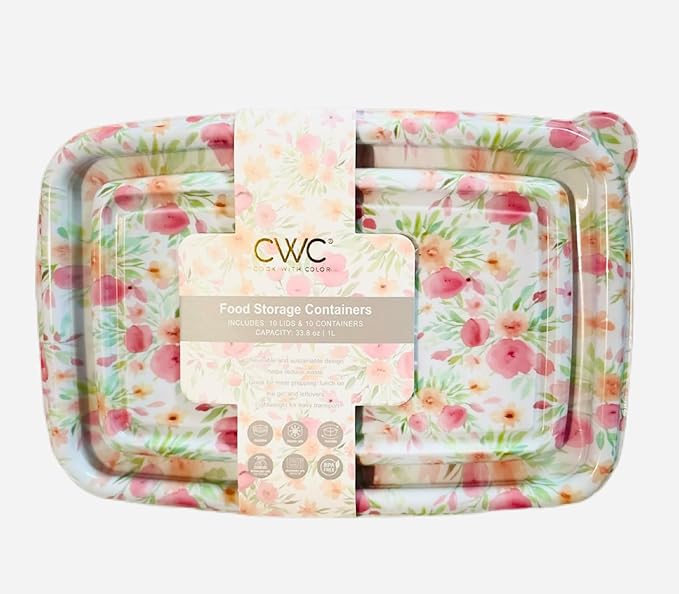 COOK WITH COLOR 20 PIECE PLASTIC RECTANGULAR FOOD CONTAINERS, 10 LIDS & 10 CONTAINERS CAPACITY 33.8 OZ (1L) 9 X 6 X 2 (CORAL FLOWERS)