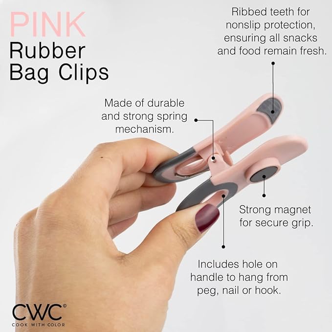 COOK WITH COLOR Cute Bag Clips - Funny Snack Clips, Magnetic Chip Clips for Bags - Kitchen and Food Bag Clips for Airtight Seal for Food Storage, Pink, Pack of 10