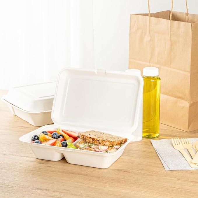 Restaurantware Pulp Safe No PFAS Added 34 Ounce Clamshell Boxes 100 Disposable Containers - Home Compostable 2 Compartments White Bagasse Containers Microwavable And Freezable Hinged Lid
