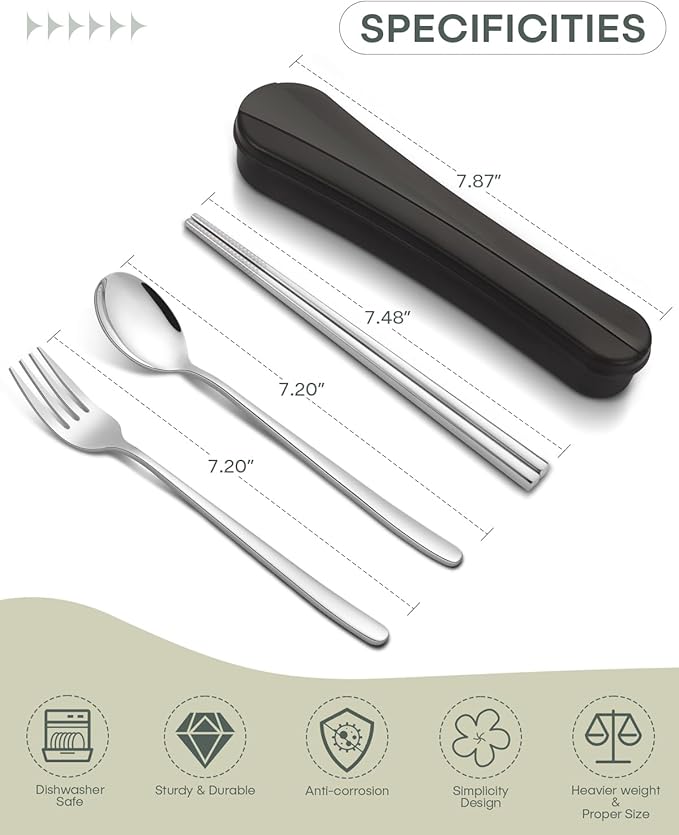 2 Pack Travel Utensils with Case, PHILIPALA Portable Reusable Silverware Set for Lunch Work Picnic, 18/8 Stainless Steel Camping Cutlery Set Includes Fork Spoon Chopsticks(Silver)