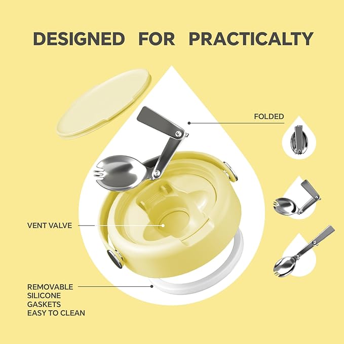 Ideus 20 oz Insulated Soup Thermo with Foldable Spolk and Bowl, All-in-one Stainless Steel Vacuum Thermal Food Jar for Lunch, Leakproof Bento Lunchbox Portable Soup Container (Light Yellow)