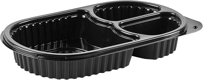 Restaurantware RW Base 19 Ounce Meal Prep Containers, 100 Microwavable To Go Containers With Lids - 3 Compartments, Disposable, Black Plastic Oval Food Containers, For Hot And Cold Food, Freezable