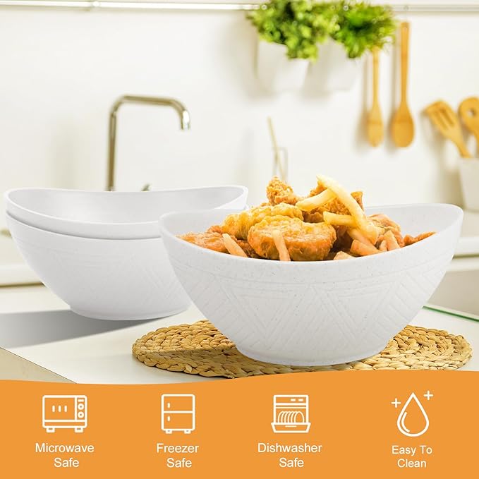 Homienly Serving Bowls Large Salad Bowls Set of 2 - Premium Wheat Straw Bowls Unbreakable Big Bowls for Fruits, Salads, Popcorn, Chips | 60 OZ Large Capacity for Party & Other Events - White