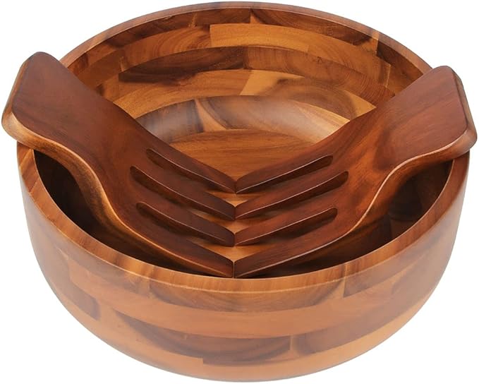 AIDEA Acacia Wood Salad Bowl Set with 2 Wooden Hands, Large Salad Bowl with Serving Utensils, Big Mixing Bowl for Fruits, Salad, Cereal, Corn flake,Pasta 11" Diameter x 4.5" Height