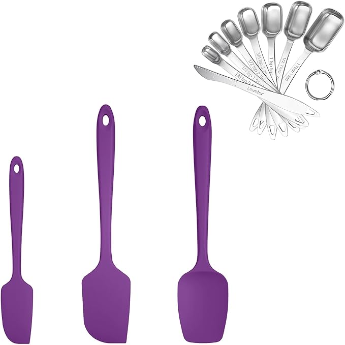 U-Taste 600ºF Heat Resistant Food Grade Silicone Spatula Set of 3, and 18/8 Stainless Steel Square Measuring Spoons Set of 8 (Purple+Silver)