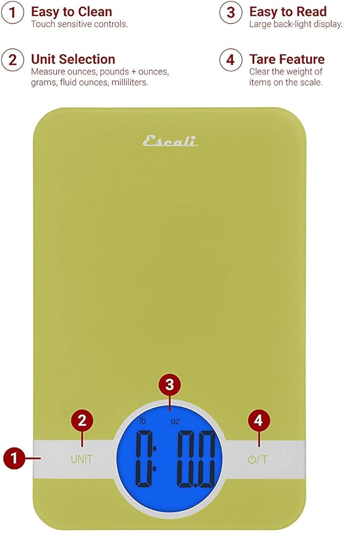 Escali Ciro C115G Blue Backlit Digital Display Table Top Scale, Tare Functionality, Liquid and Dry Measurements, Office, Kitchen, 11lb Capacity, Green