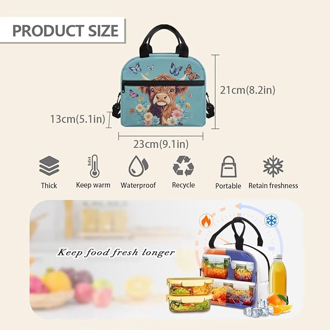Showudesigns Highland Cow Lunch Bags for Girls 8-10 10-12 Insulated Lunch Box Women Food Cooler Tote Bags with Shoulder Straps Lunchbox Containers Butterfly Travel Bag Picnic Bags