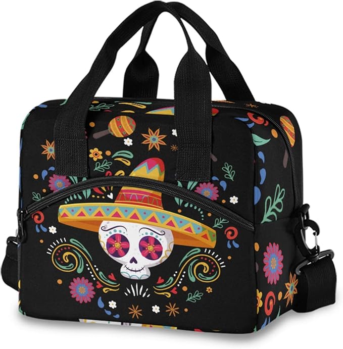 Cinco De Mayo Skull Insulated Lunch Bag Reusable Lunch Tote Bag Cooler Bag for Women Men Adult Lunch Box with Adjustable Shoulder Strap Leakproof Lunch Bag for Work School Picnic Camping