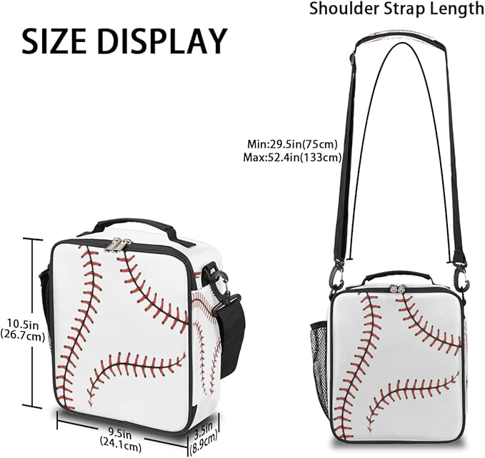 Sport Baseball Kids Lunch Box Baseball Lace Insulated Lunch Bag Tote for Girls Boys Cooler Freezable Meal Prep Bag with Shoulder Strap Waterproof Lunch Container for School Office Picnic