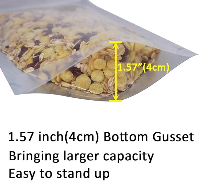100 Pack 5.5 x 10 Inch Stand Up Pouch Bags Zipper Mylar Bags Clear Front with Aluminum Foil Back Reusable Food Storage Bag for Multipurpose with Gusset Bottom(5.5mil Thickness)