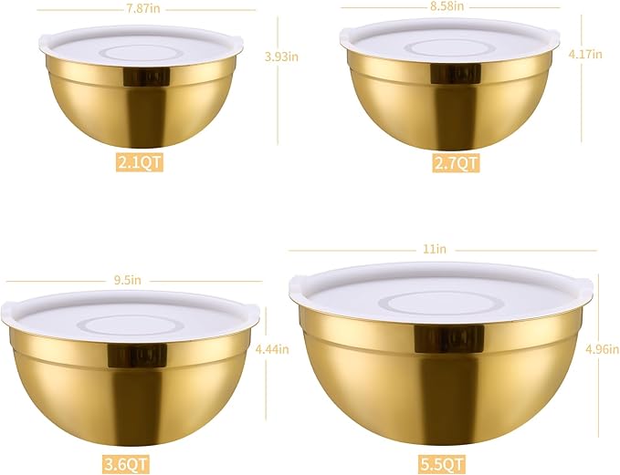 4-Piece Gold Stainless Steel Mixing, Cereal, Dessert, Rice, Fruit, Dipping Bowl Set With Airtight Lid, Unbreakable Deep Soup Bowl