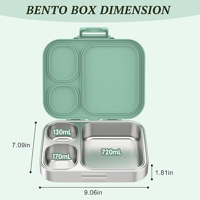 Kids Stainless Steel Lunch Box, Leak-Proof with free sealing Bento Box 3 Compartments Green Boy