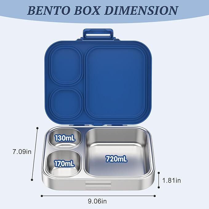Stainless Steel Lunch Box, Leak-Proof with free sealing Bento Box 3 Compartments, Metal Lunchbox for Travel & Work, Eco-Friendly Meal Storage Solution Blue