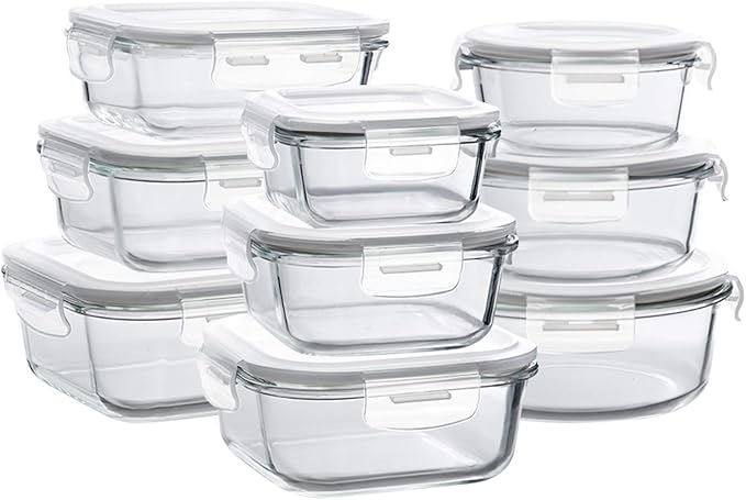 Bayco Glass Storage Containers with Lids, 9 Sets Glass Meal Prep Containers Airtight, Glass Food Storage Containers, Glass Containers for Food Storage with Lids - Leak Proof