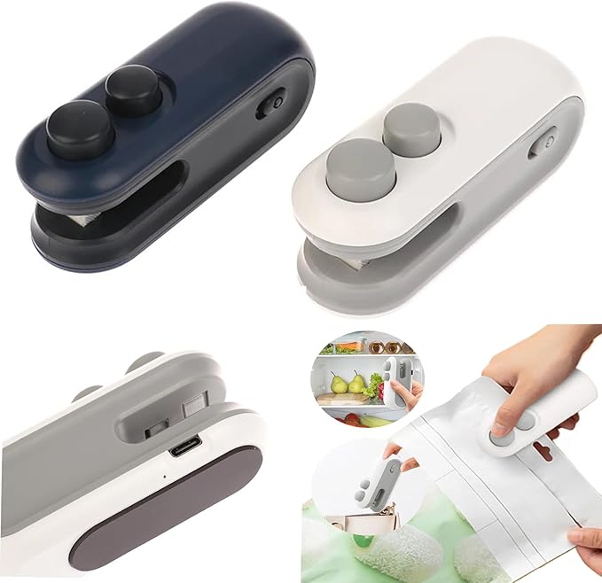 Mini Bag Sealer 2 Pack Bag Sealer with Cutter and Magnet 2 in 1 Mini Bag Resealer Machine Portable Handheld Rechargeable Heat Vacuum Food Sealer for Plastic Bags Snacks & Food Storage (2, white&blue)