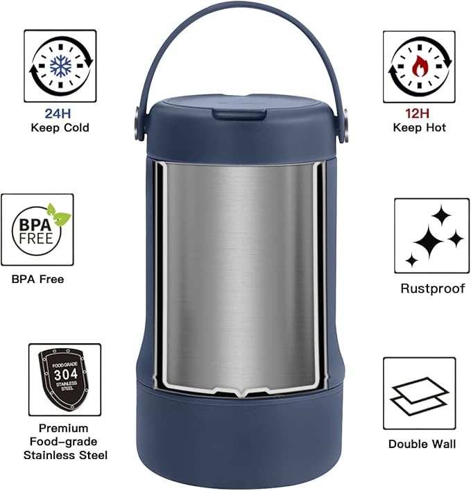 Ideus 20 oz Insulated Soup Thermo with Foldable Spolk and Bowl, All-in-one Stainless Steel Vacuum Thermal Food Jar for Lunch, Leakproof Bento Lunchbox Portable Soup Container, Navy Blue