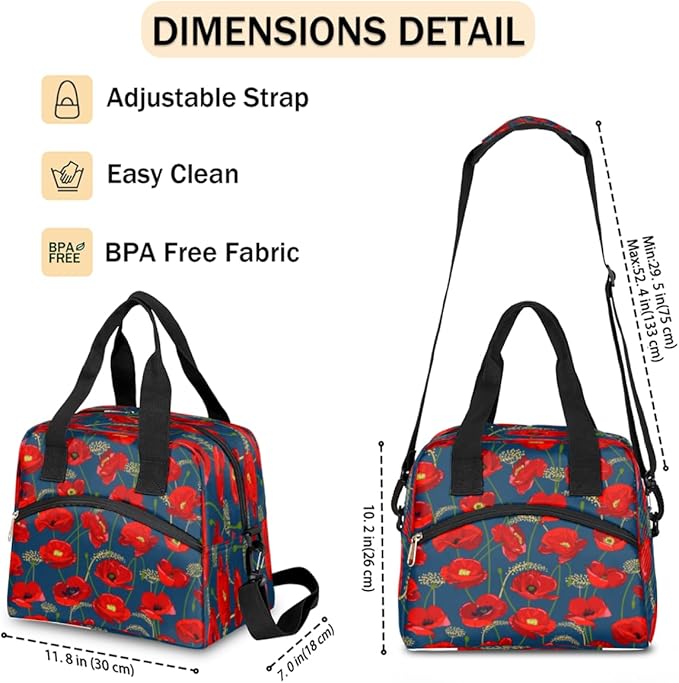 Insulated Lunch Bag for Women Men Poppies Pattern Leakproof Cooler Tote Bag Large Reusable Adult Lunch Box with Adjustable Shoulder Strap for Office Work Picnic Travel Beach