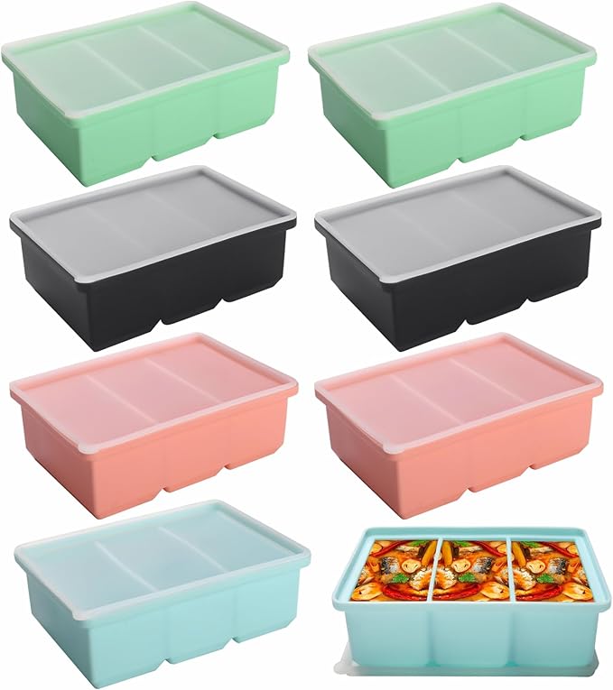 Silicone Freezer Tray with Lid - 1 Cup Silicone Food Freezer Tray - Large Ice Cube Freezer Molds - Soup, Sauce, leftovers, Homemade Meal Prep Freezing Kitchen Storage Containers - Multicolor - 8-Pack