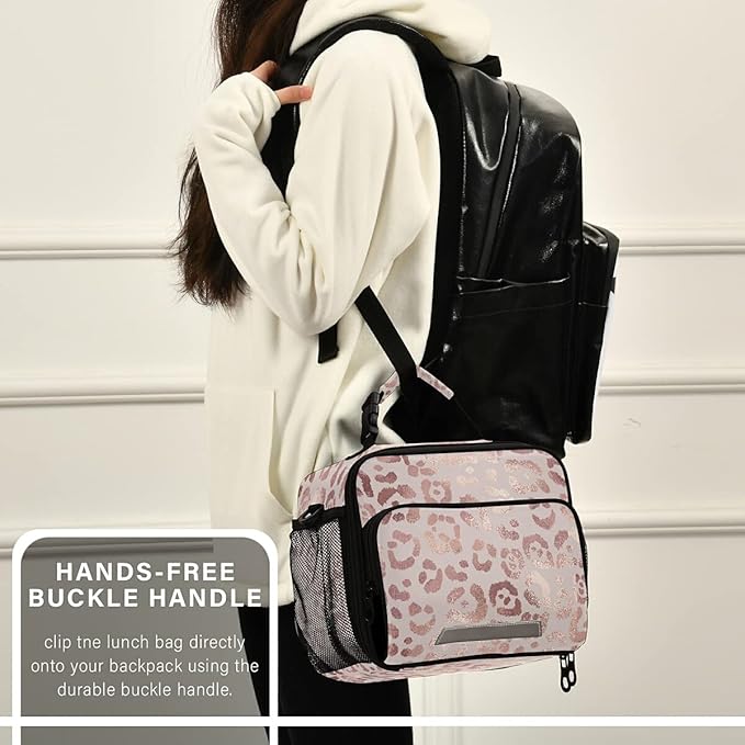 MNSRUU Student Lunch Bag Elegant Rose Gold Leopard Insulated Lunch Totes Picnic Bag Lunch Box with Adjustable Shoulder Strap for Teen Kids Adults