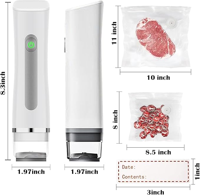 Vacuum Sealer with Visible Water Tank,White Handheld Vacuum Sealer for Freshness Storage,60kpa Food Saver with 30 Reusable Bags and 150pcs(3"x1") Removable Freezer Labels