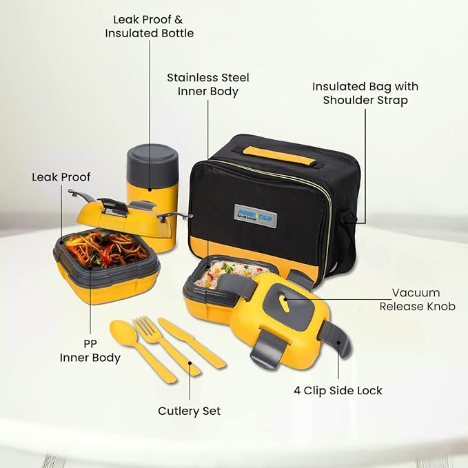 Pinnacle Thermoware Lunch Box Bag Set for Adults and Kids, Yellow, Stainless Steel and Plastic, Matching Cutlery Included