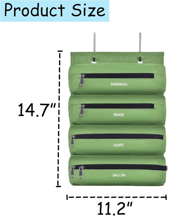 Zipper Bag Organizer Suitable for kitchen RV Campers with Zipper Gallon, Quart, Sandwich and Snack Food Storage Bags, Kitchen Plastic Bag Storage Organizer (Green)