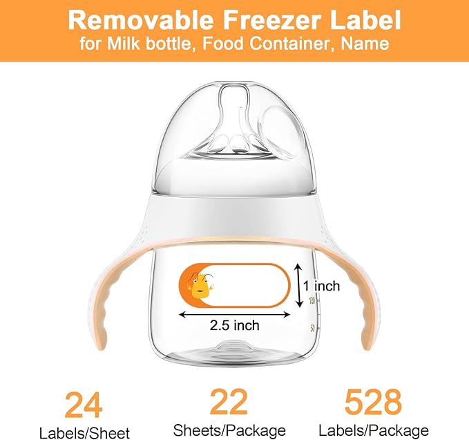 528 Pcs 1 x 2.5 Inch Baby Milk Bottle Labels Writeable, Removable Freezer Labels, 528 Food Stickers Cartoon Waterproof, Residue-Free Food Storage Label, for Kitchen, Mason Jar