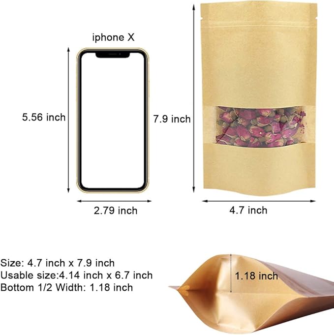 100 Pcs Resealable Stand Up kraft Paper Bags with Window for Packaging Products, Reusable Zip Lock Food Storage Pouch Bags (4.7" x 7.9")