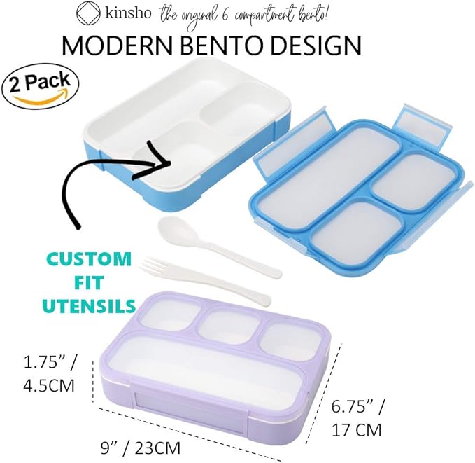 Bento Lunch Box Kids & Adult: Leakproof Lunch Containers for Boys & Girls with 3 Compartments - School, Daycare, Meal Planning Portion Control Container, BPA-Free Boxes, Utensils | Blue Purple 2 pack