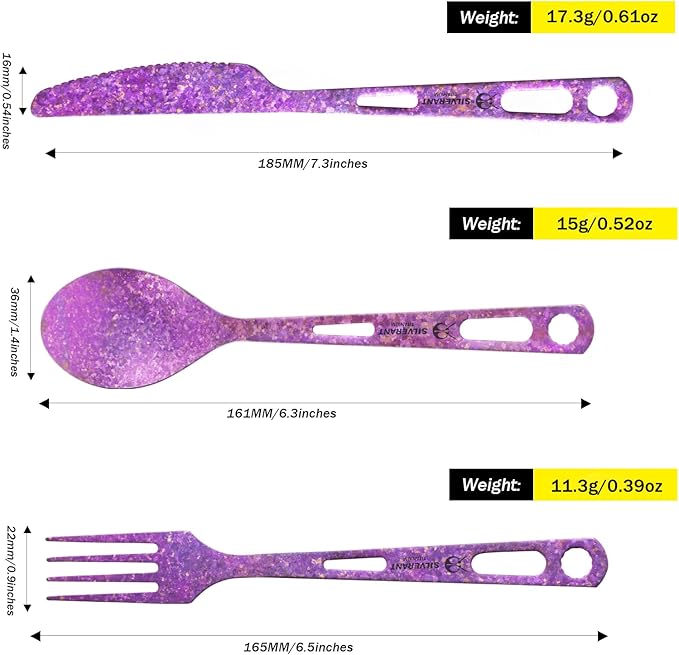 Titanium 3 Piece Cutlery Set, Extra Strong Ultra-Lightweight Durable Knife Fork & Spoon Tableware for Outdoor Camping & Hiking, Comes with Drawstring Bag & Titanium Carabiner-Purple