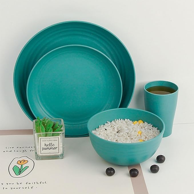 4pcs Unbreakable Wheat Straw Dinnerware Sets with Cutlery Set, Reusable Lightweight Green Microwave Dishwasher Safe Tableware for Travel,Camping,Kitchen,RV,Apartment,Dorm,Party