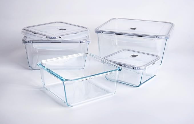 Extra Large Glass Storage Containers with Lids, Set-8-Piece Lunch Containers, Ideal for Storing Food, Vegetables, Fruits, Baking Cake & lot of other Tasty Food (Square)